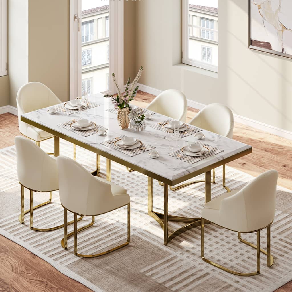 Modern Marble Dining Table with White Rectangular Tabletop Gold Stainless Legs, Dining Room Table