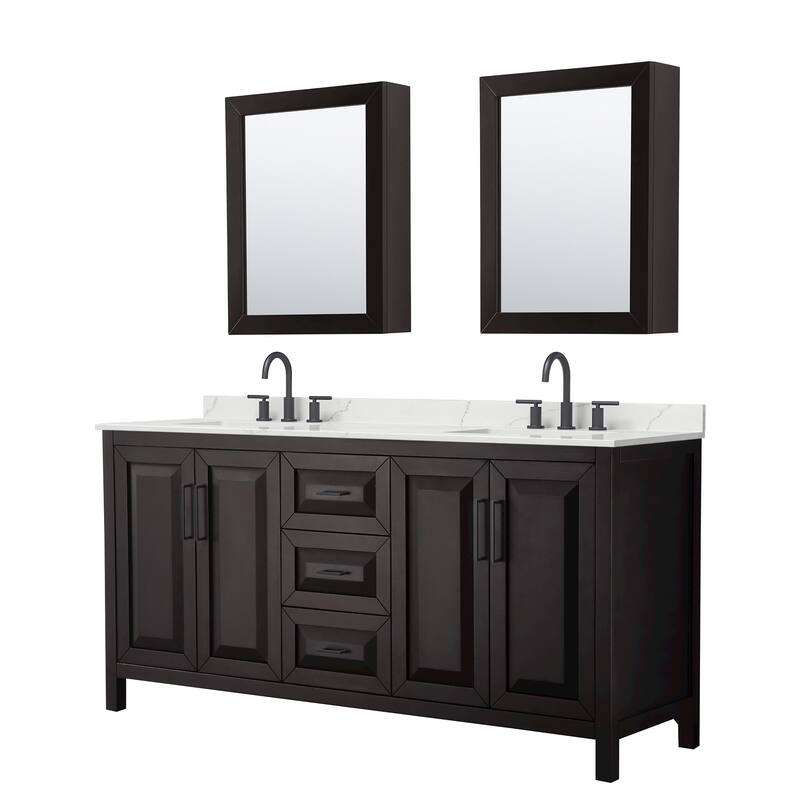 Daria 72-inch Double Vanity, 3 Hole Quartz Top, Med Cabinets - Dark Espresso, Black Trim, Giotto Quartz Top