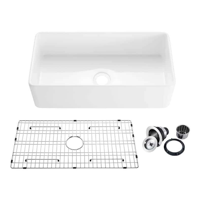 36" White Fireclay Farmhouse Undermount Kitchen Sink with Bottom Grid and Strainer