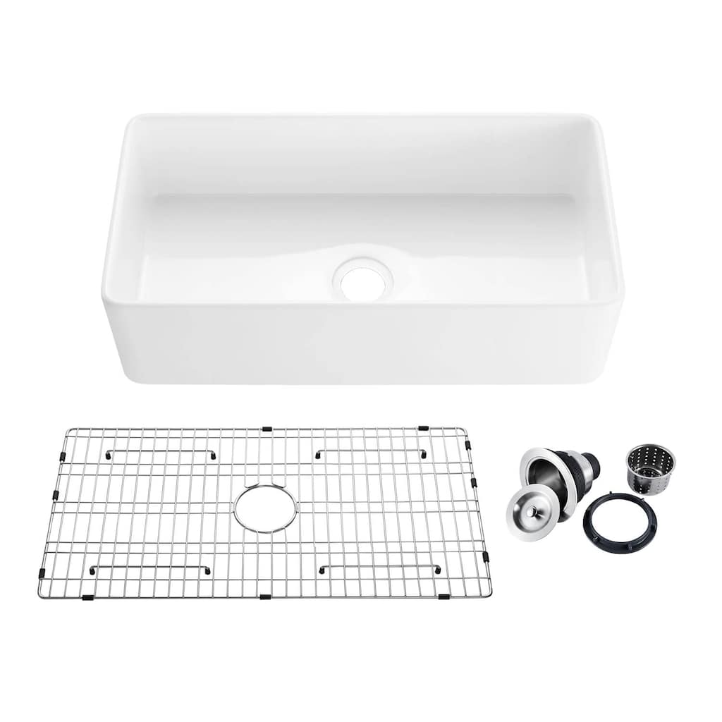 36" White Fireclay Farmhouse Undermount Kitchen Sink with Bottom Grid and Strainer
