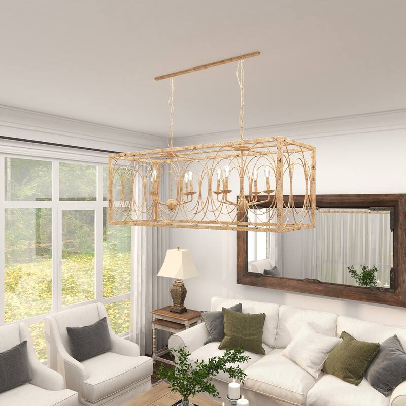 Metal Distressed Caged 8 Light Chandelier with Link Style Chain - Gold - Roche River Decor