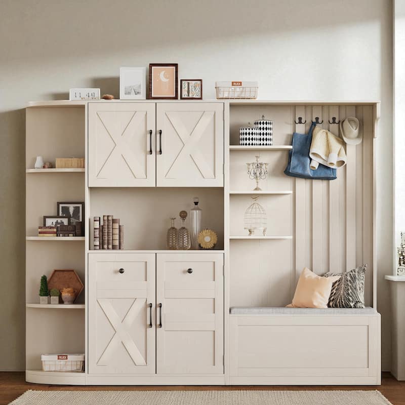 Modular Hall Cabinet & Hall Tree, Left-Right Set with 4 Hooks, L-Shape or Separate, Entryway Storage, 79.1 x 15.4 x 66.1 in - Beige