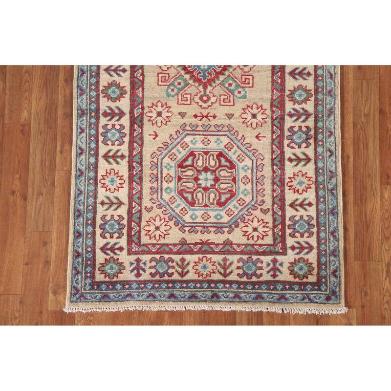 Hand Knotted Oriental 100% Wool Carpet Traditional Geometric Beige & Ivories Kazak Runner Rug - 12' 8'' X 2' 10''