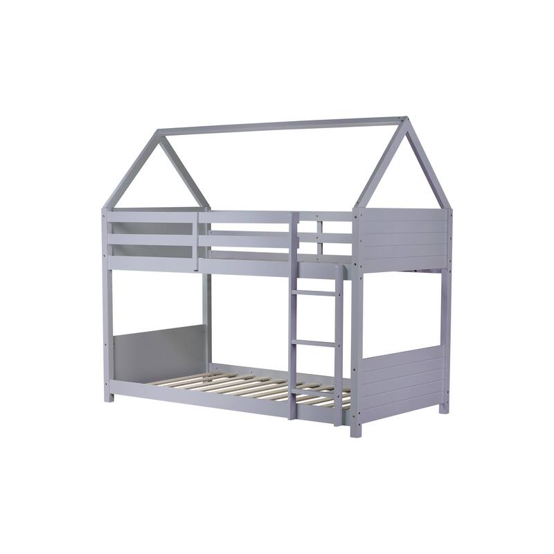 Twin Over Twin House Floor Bunk Bed with Headboards, Footboards, Guardrails, Ladder, Light Grey