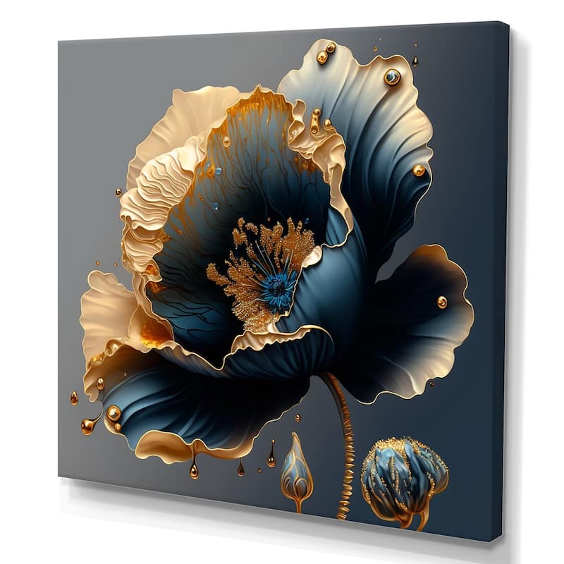Designart 'Deep Blue And Gold Single Flower IV' Floral & Botanical Canvas Wall Art