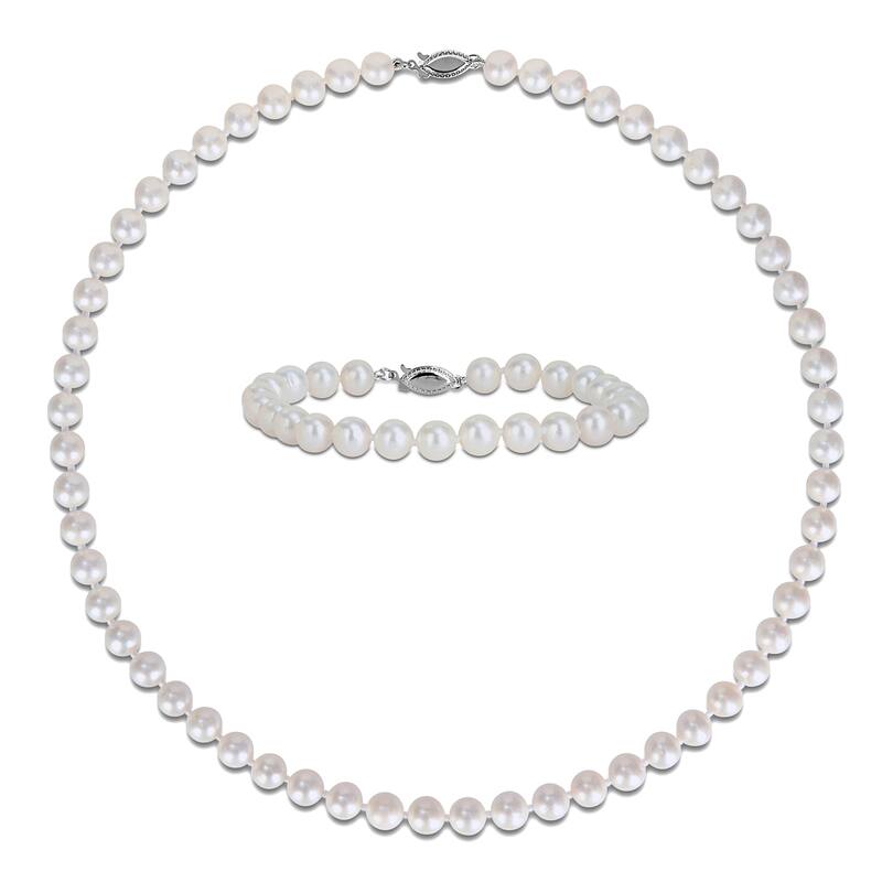 Miadora Cultured Freshwater Pearl Necklace and Bracelet Set in Sterling Silver