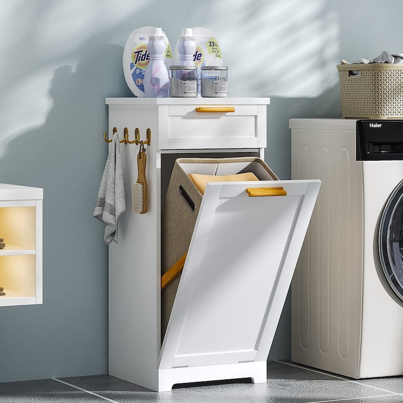VECELO Tilt Out Laundry Hamper Cabinet with Laundry Baskets Hamper,Bathroom Storage Cabinet Laundry Cabinet with Drawer - 2-Tier - White