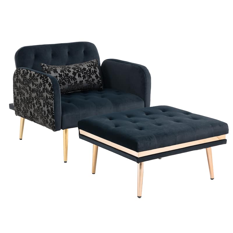 Velvet Upholstered Tufted Living Room Sleeper Chair With Ottoman