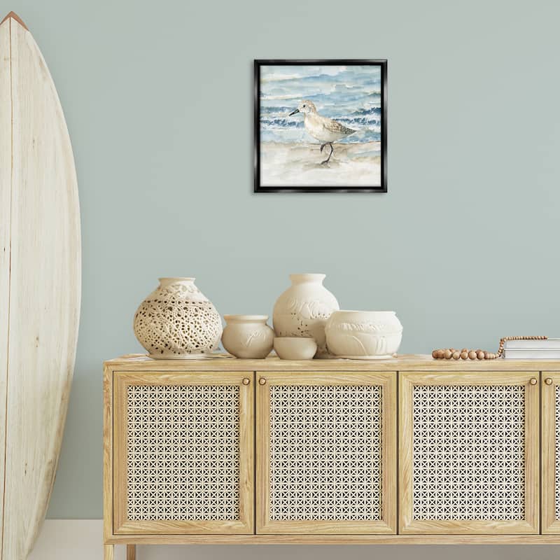 Stupell Balancing Sandpiper on Shore Framed Floater Canvas Wall Art Design By Nan