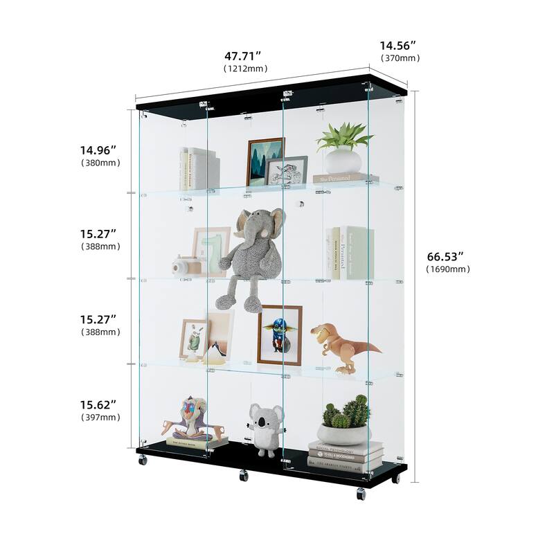 Glass Display Cabinet with 4 Shelves Extra Large, Curio Cabinets, Floor Standing Glass Bookshelf, Quick Installation