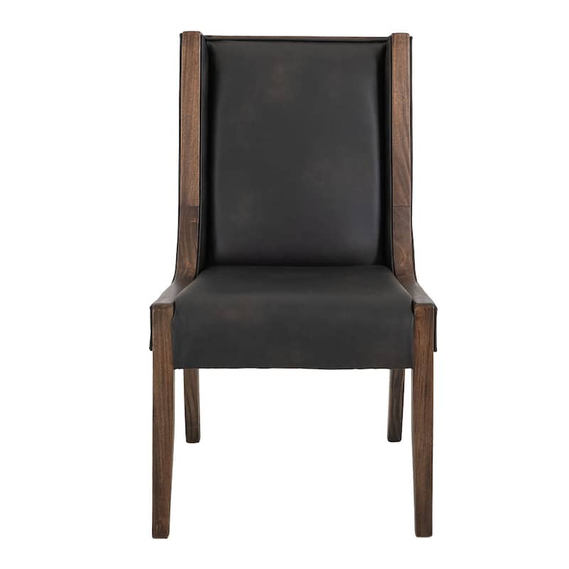 Ally Dining Side Chair Set of 2, Walnut Brown Wood, Black Faux Leather
