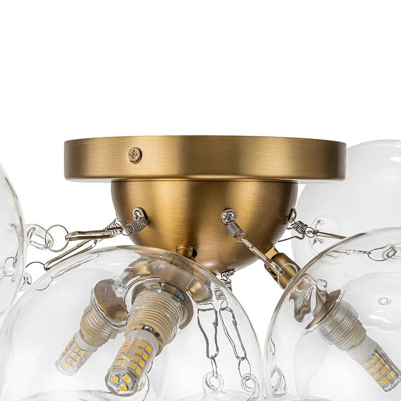 3-Light Clear Glass Globe Bubble Semi Flush Chandelier - Brass 18in
