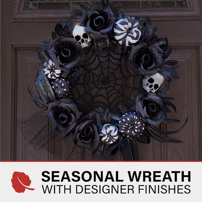 Haunted Hill Farm 15-In. Halloween Black and White Floral Wreath Pumpkins, Skulls, and Spiderweb for Haunted House Decoration