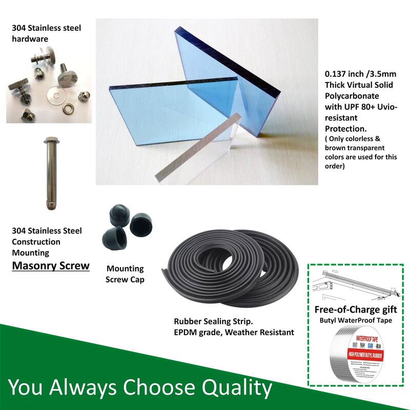 Series Door Window Awning Canopy Made of 0.137"Thick Crystal Solid Polycarbonate Sheet and Aluminum Alloy with Valance