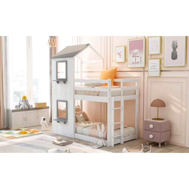 White Twin over Twin Solid Wood Bunk Bed with Roof, Window, Guardrail, and Ladder