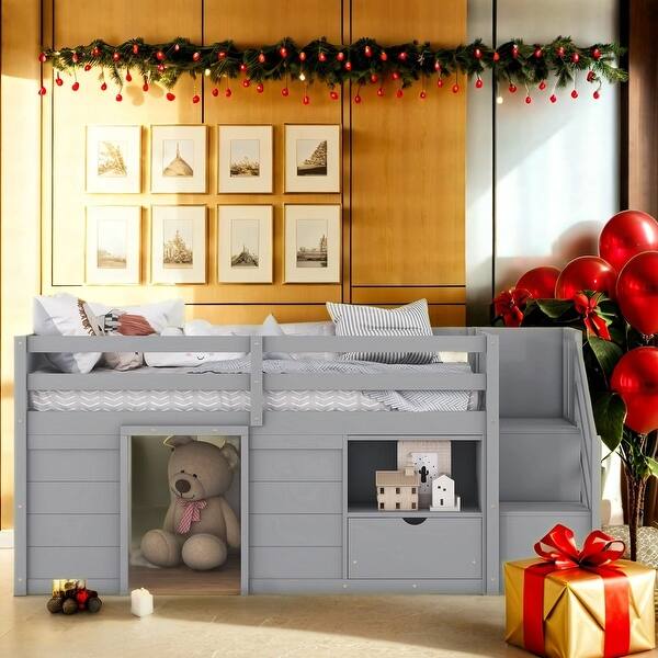 slide 2 of 21, Solid Wood Low Loft Twin Bed with Stair, Drawer, and Shelf Grey