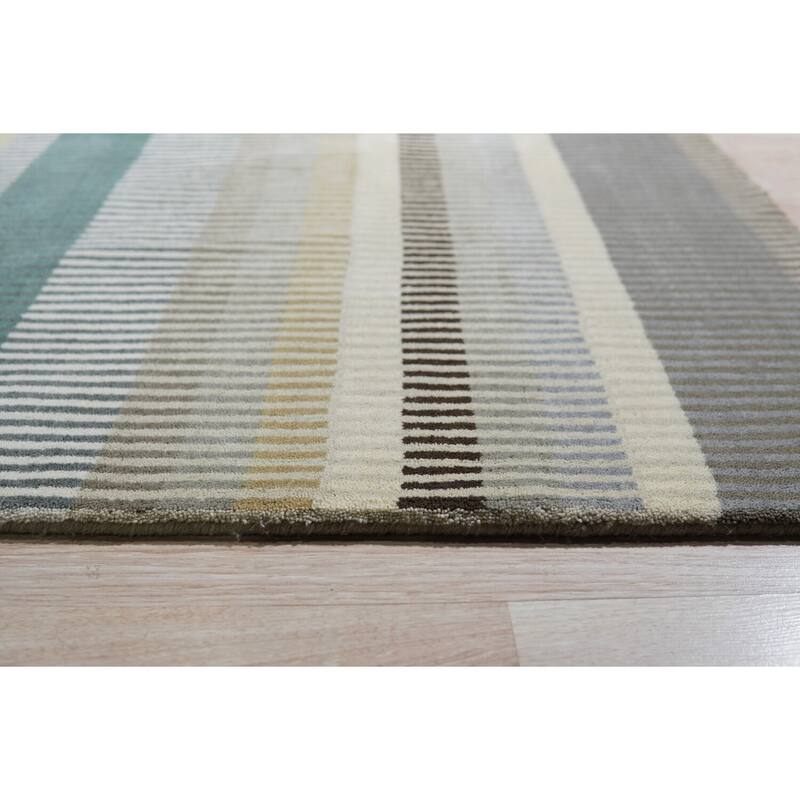 Light Green Hand-Knotted Wool Knotted Striped Rug, 8' x 10', soft cozy area rug - L