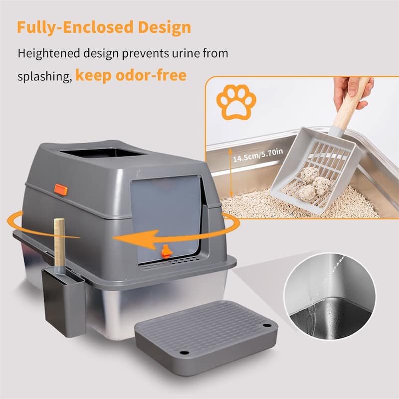 Stainless Steel Cat Litter Box,Extra Large Enclosed Cat Toilet w/Lid, Metal Cat Box w/Filter Pedal and Litter Scoop