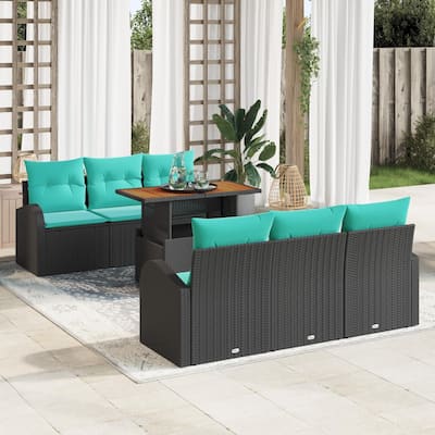 vidaXL 7 Piece Garden Sofa Set with Cushions Black Poly Rattan - 70.5×24.4×27.2