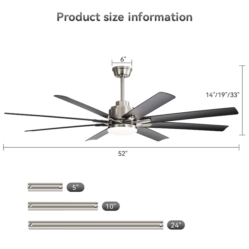 52" Ceiling Fan with Light - 6 Speeds, 8 ABS Blades, Voice Remote