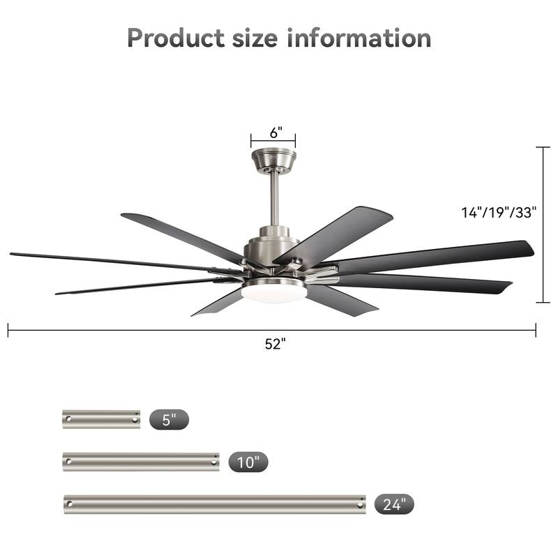 52" Reversible DC Motor Ceiling Fan with Remote/APP Control Dimmable 3-color Temperature, 8 ABS Blades Ceiling Fan Chandelier