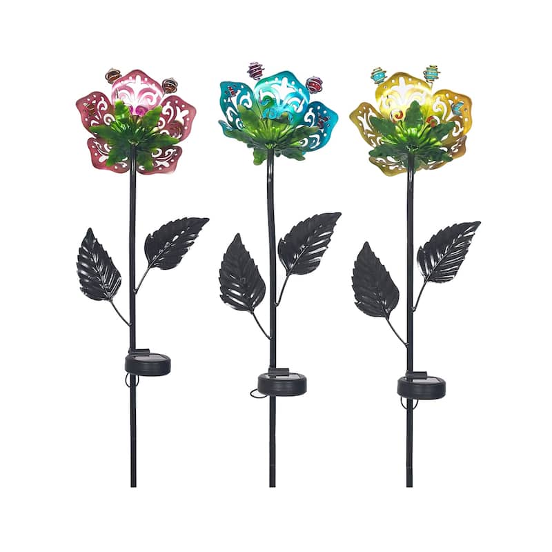 Adeco Set of 3 Solar LED Metal Flowers Garden Stakes