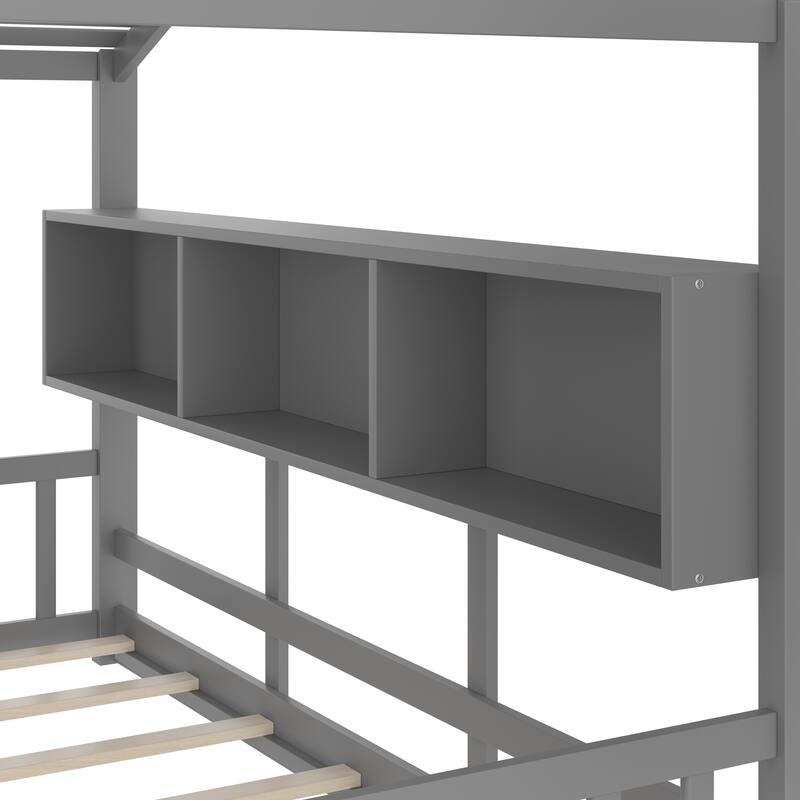 Full Size Floor House Bed for Toddler, Kids Montessori Bed with Storage Shelf, Playhouse Bed with Roof Design