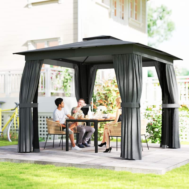 Outsunny 10' x 10' Outdoor Patio Gazebo, Soft Top Gazebo Canopy Shelter with Double Roof, Curtains, Netting, Steel Frame - Grey