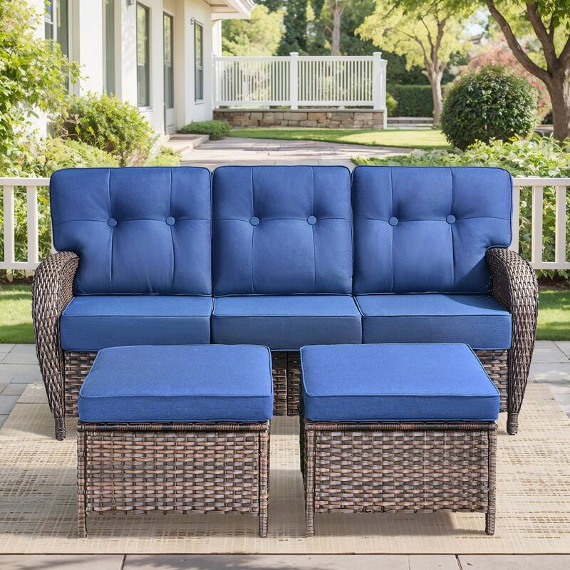 Gymojoy 3-Piece Outdoor Wicker Patio Furniture Set, 5" Thick Cushioned Rattan Sofa with Ottomans - Brown Wicker / Blue Cusion - 3-Piece