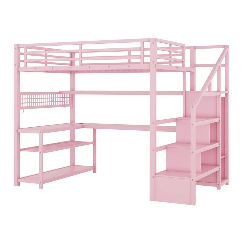 Full Size Loft Bed with Staircase and Wardrobe, Metal Loft Bed with Desk, Storage Shelves, LED Lights and Charge Station, Pink