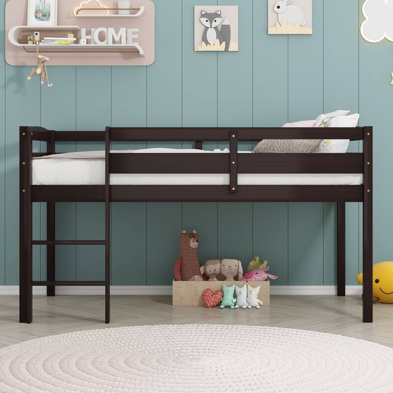 Modern Twin Size Low Loft Beds with Ladder - Espresso