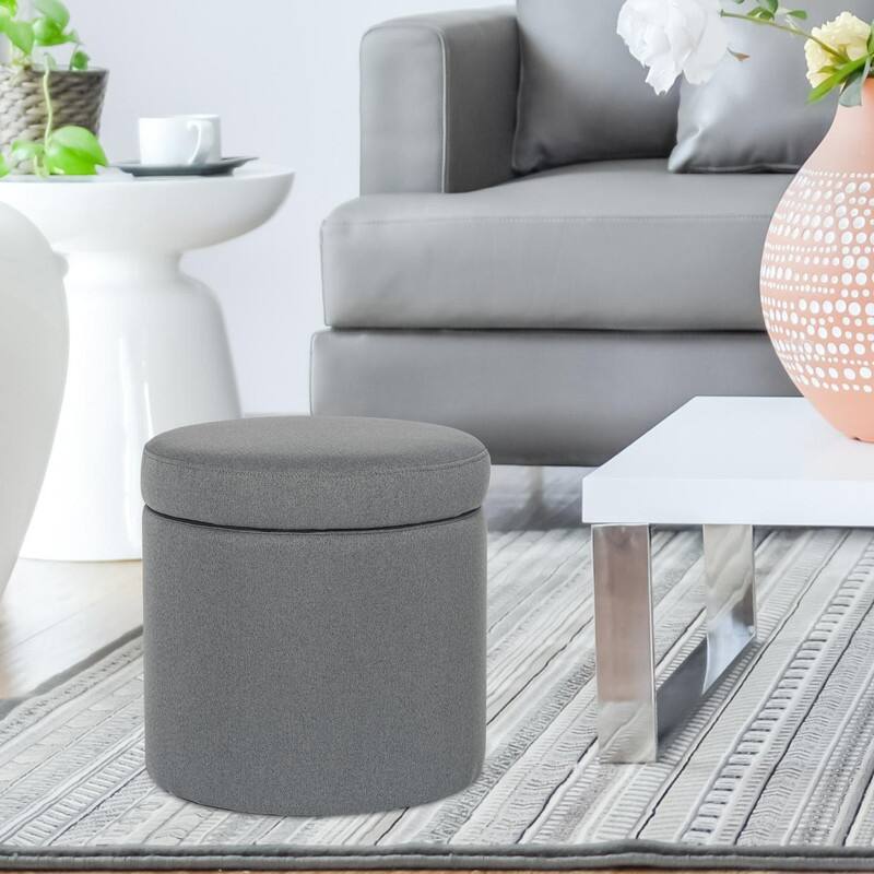 Adeco Round Storage Ottoman, Fabric Stool Footrest with Removable Lid