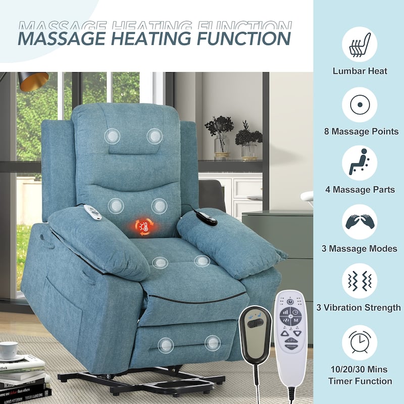 Standard Size Linen Power Lift Recliner Chair with Massage, Heating, and Side Storage Pocket