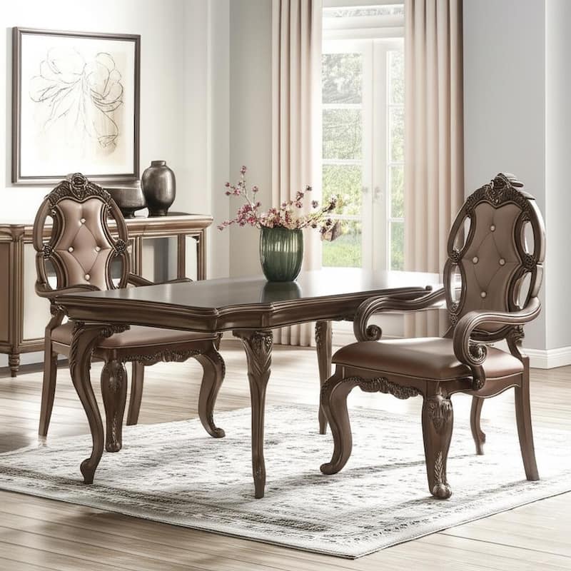 HomeRoots Set of Two Tufted Oak Upholstered Faux Leather And Solid Wood Dining Arm Chairs - 23.00 in. x 43.00 in. x 26.00 in. - Set of 2 - 23.00 in. x 43.00 in.  x 26.00 in. - Oak