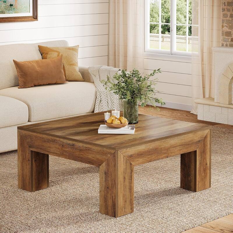Farmhouse Square Coffee Table for Living Room, 39.37-Inch Low Large Center Tea Accent Table