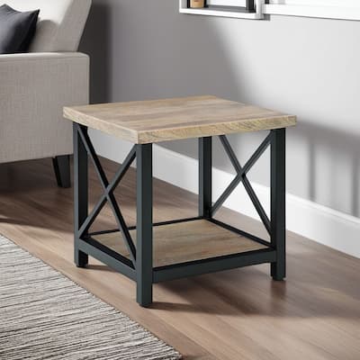 Sten Side End Table, Shelf, Rustic Brown Wood, 24 Inch Black Metal