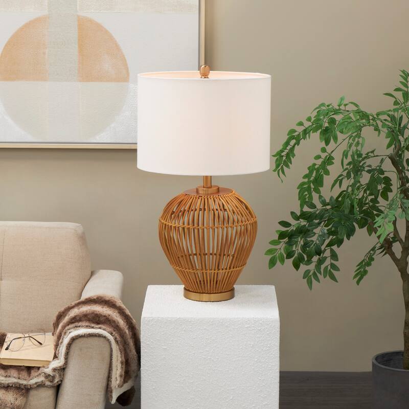 Brown Rattan Handmade Woven Open Frame Room Table Lamp with Gold Accents - Brown
