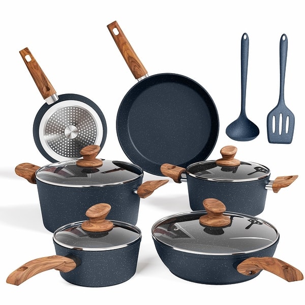 slide 2 of 12, Kitchen Cookware Sets Nonstick, 12 Piece Pots and Pans Set Granite Cooking Set Blue