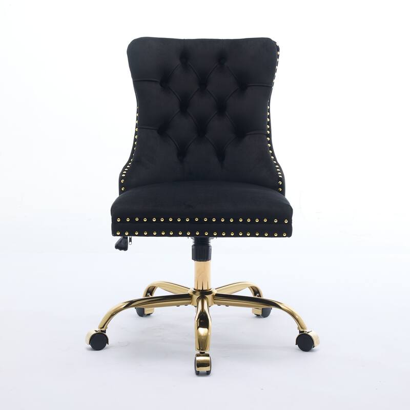 Modern Velvet Swivel Office Chair with Tufted Back/Golden Metal Base