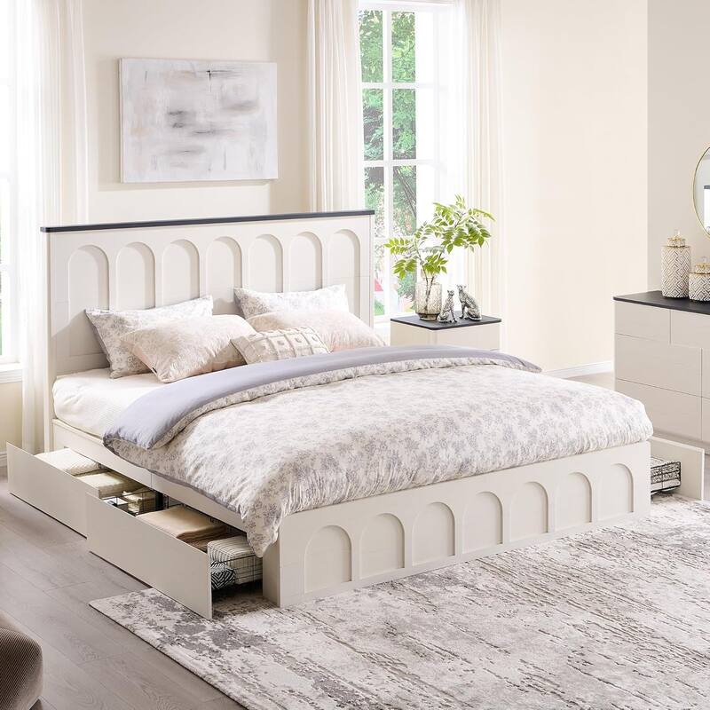 Modern King Size Bed Frame, 52" Tall Arched Recessed Headboard - Antique White
