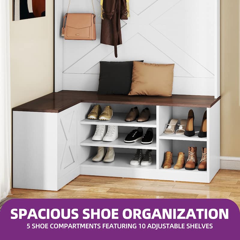 Moasis Corner Hall Tree and Coat Rack Organizer with Shoes Cabinet Seat Bench