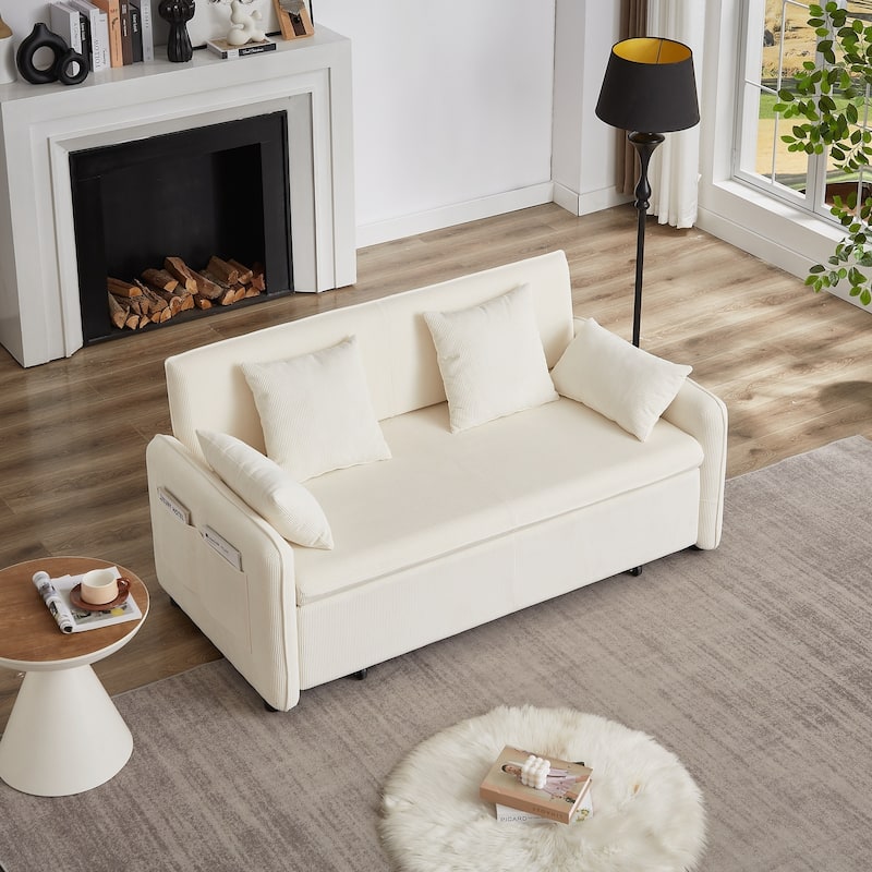 66 Inch Sleeper Sofa Bed with Pullout Bed 4 Pillows and Side Pockets Soft Corduroy Convertible Sleeper Sofa Bed