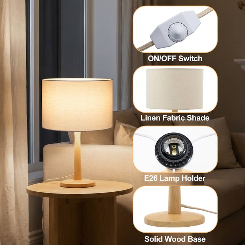 16.3" Modern Table Lamp with Natural Wood Base, Linen Fabric Drum Shade for Bedroom, Living Room, Nightstand
