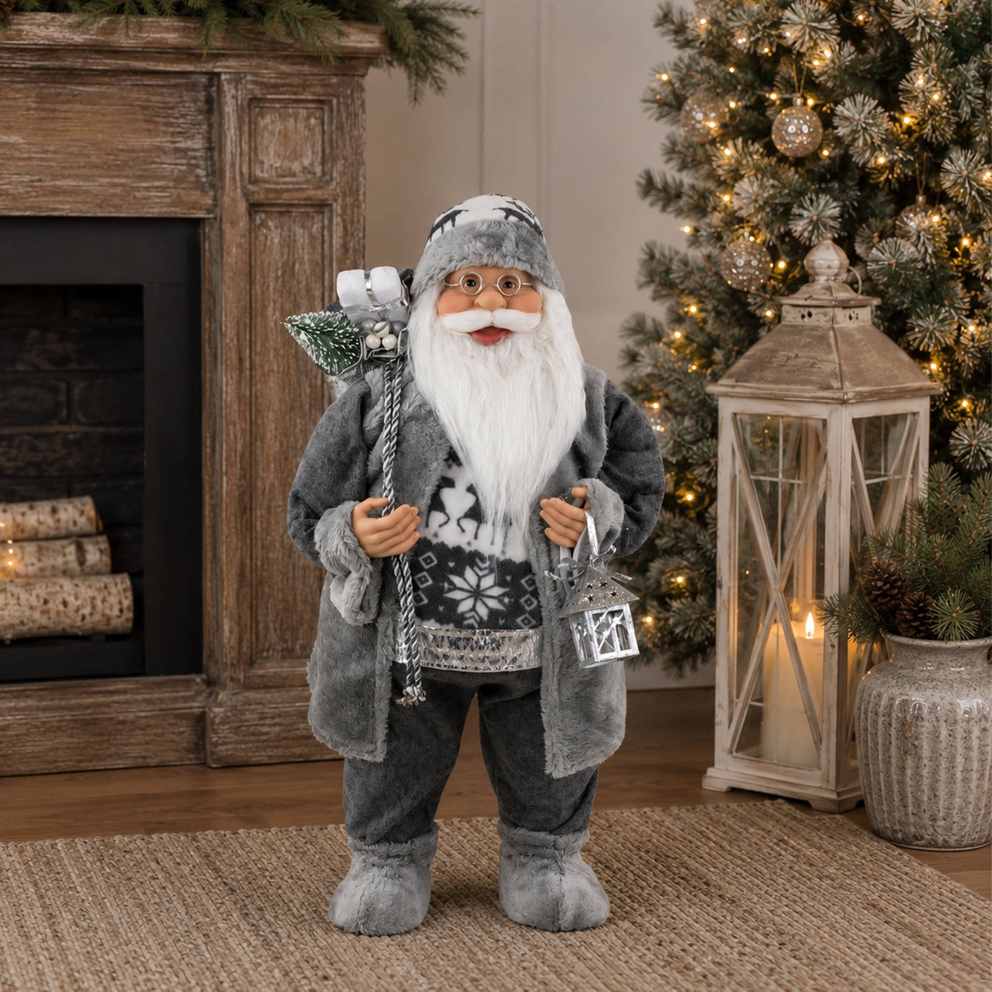 24" Gray and White Santa Claus with Lantern Christmas Figure