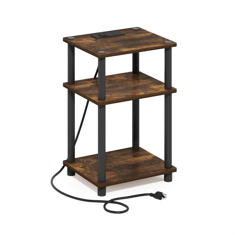 Furinno Just 3-Tier Open Storage End Table with USB and Type-C Charging Station - Amber Pine/Black
