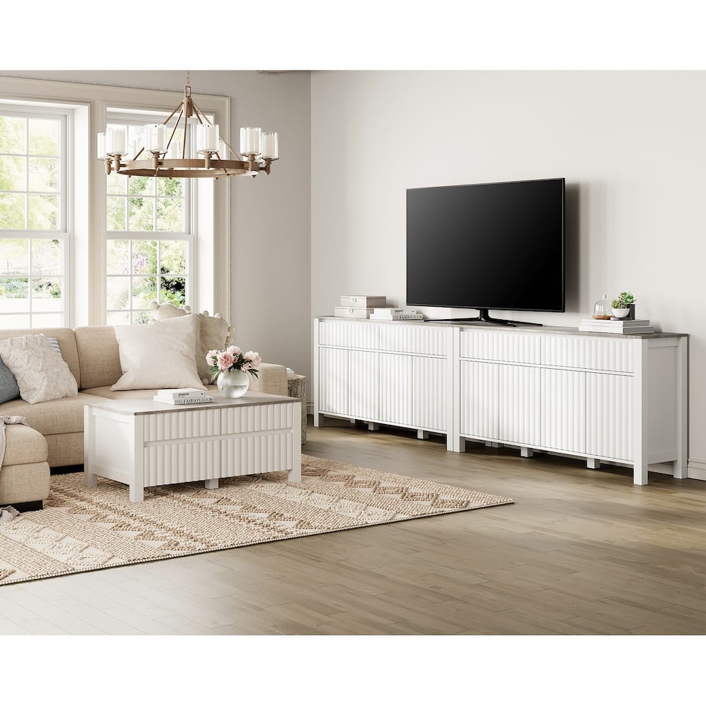 WAMPAT White Modern Coffee Table and 2-in-1 Large TV Stand - White&Gray