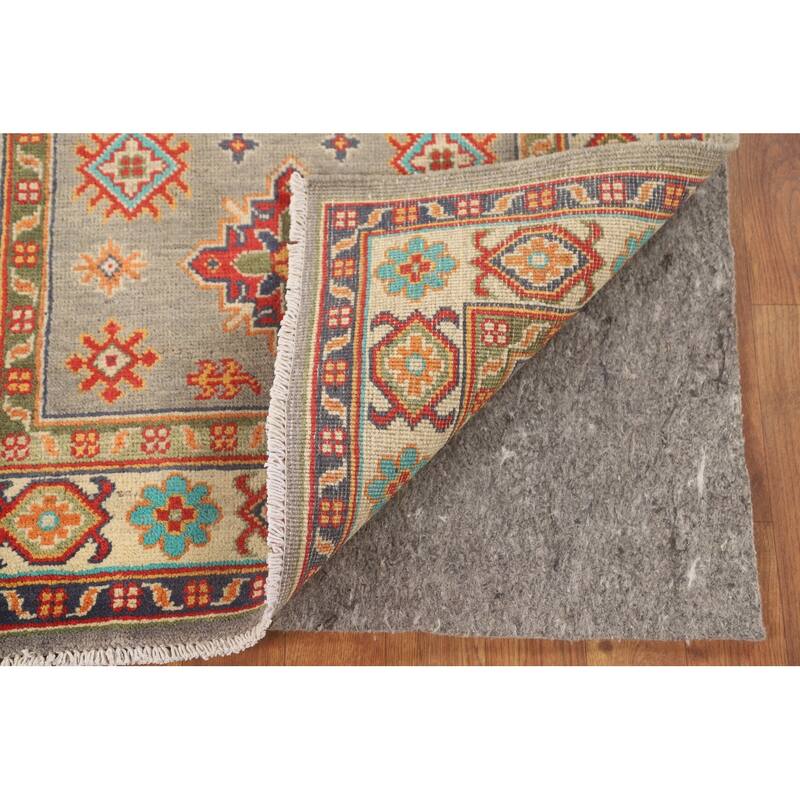 Geometric Kazak Foyer Rug Handmade Grey Wool Carpet - 2'8" x 4'0"