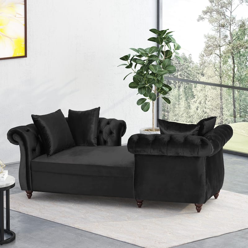 Houck Modern Glam Tufted Velvet Tete-a-Tete Chaise Lounge with Accent Pillows by Christopher Knight Home - Black + Dark Brown