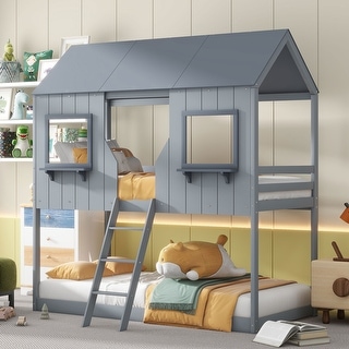 Gray Twin Over Twin Pine Bunk Bed with Roof, Windows, and Ladder