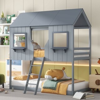 Twin Over Twin Bunk Bed with Roof, Windows, Ladder, and Guardrails, Solid Wood Playhouse Design, Space-Saving for Kids, Grey